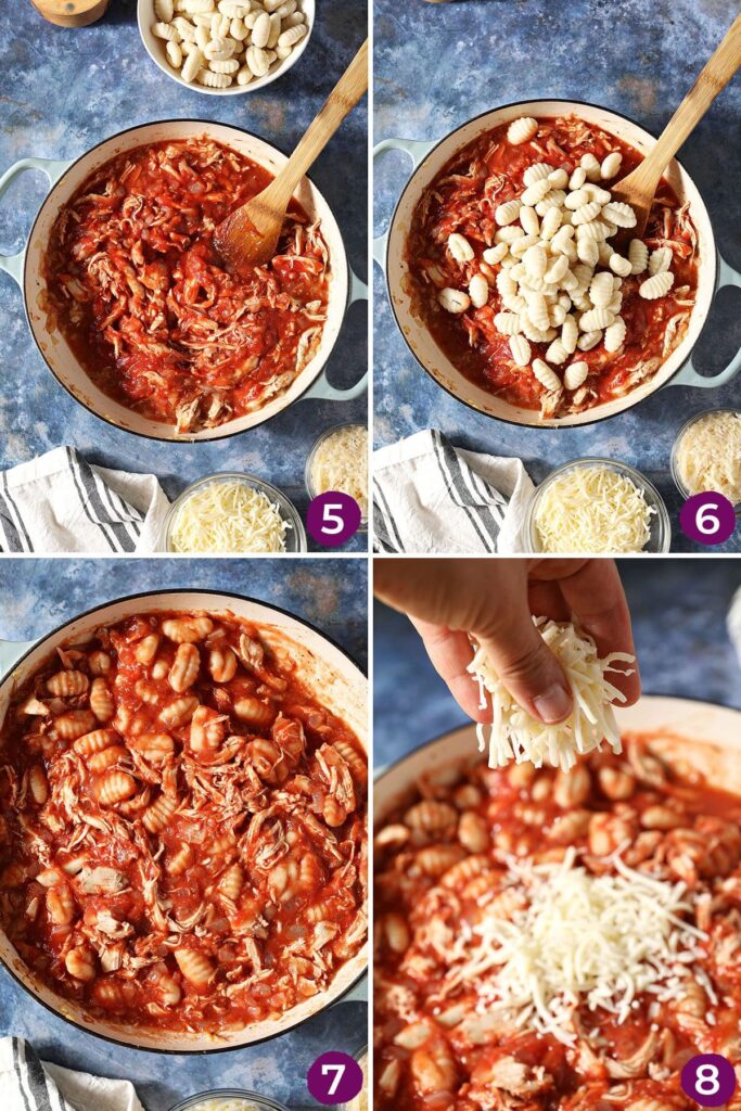 Collage showing how to finalize baked gnocchi with chicken before baking