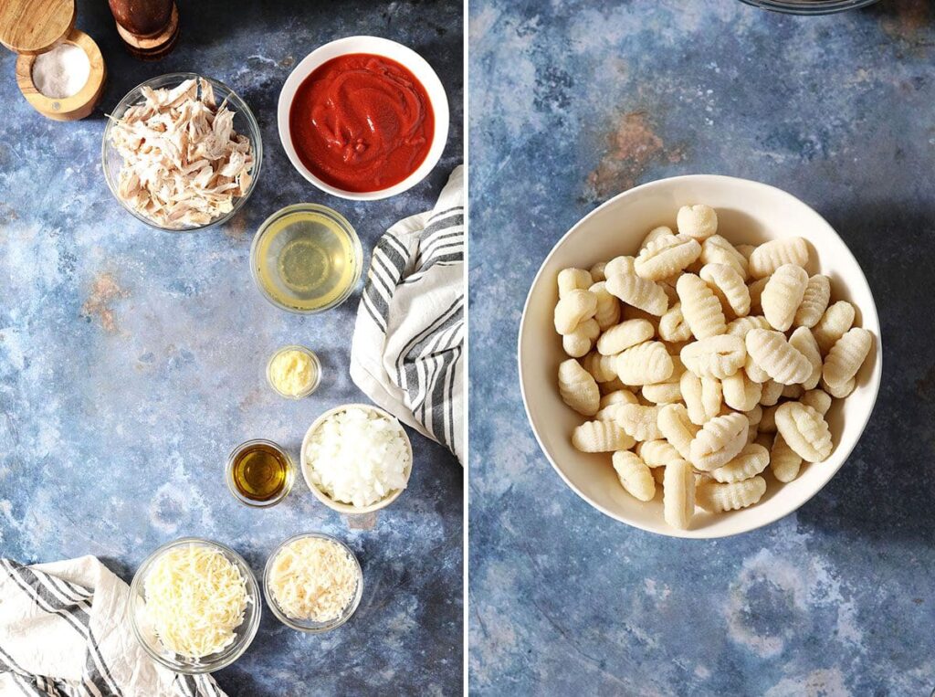 Collage showing ingredients to make baked gnocchi