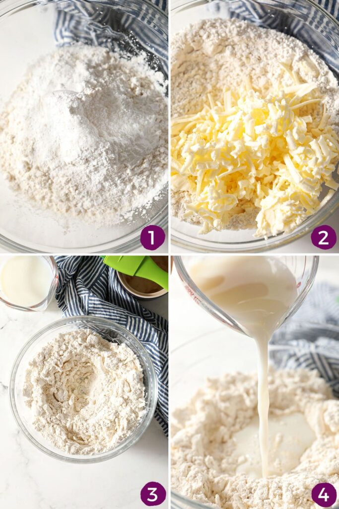 Collage showing how to put together biscuit batter with butter