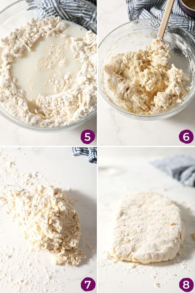 Collage showing how to mix and turn out biscuit batter