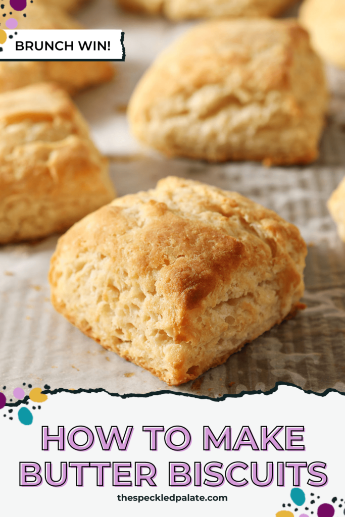 Square-shaped biscuits on a baking sheet with the text how to make butter biscuits