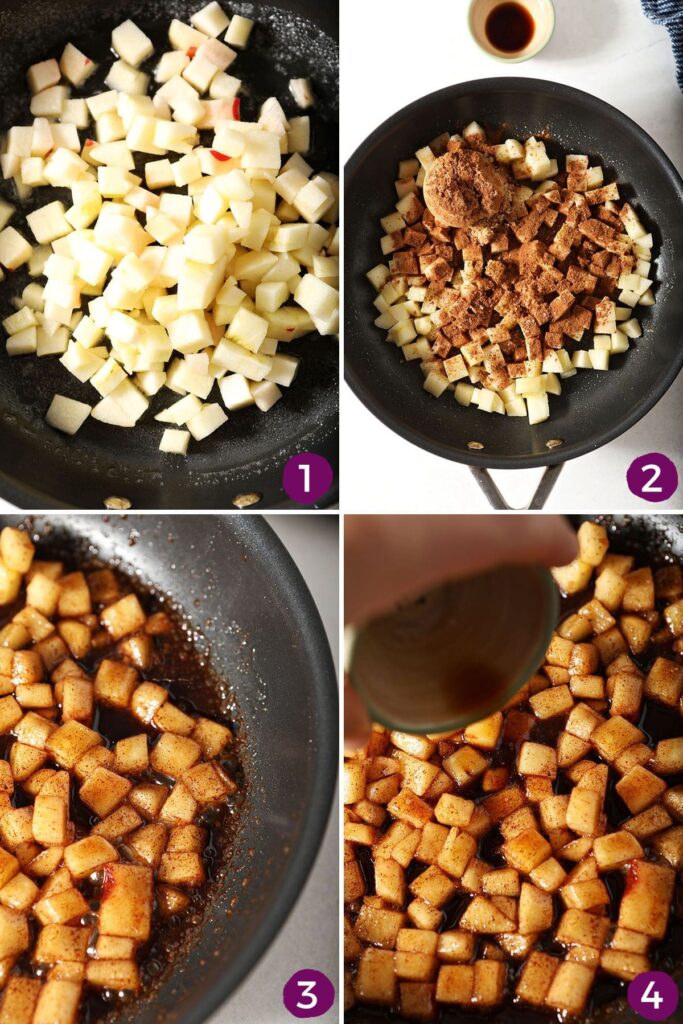 Collage showing how to caramelized apples in a pan