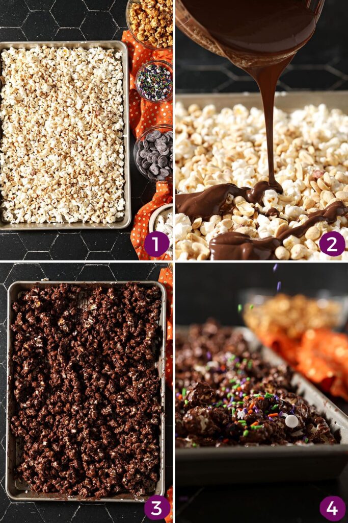 Collage showing how to make chocolate-covered popcorn for Halloween