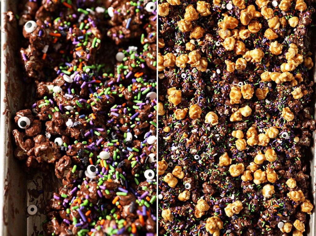 Collage showing a Halloween Popcorn Snack Mix on a sheet pan while cooling