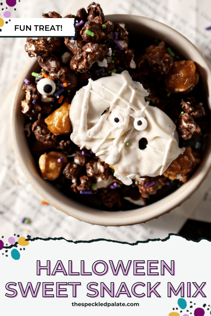 A bowl of a chocolate popcorn snack mix with halloween pretzels in it in a bowl with the text halloween sweet snack mix