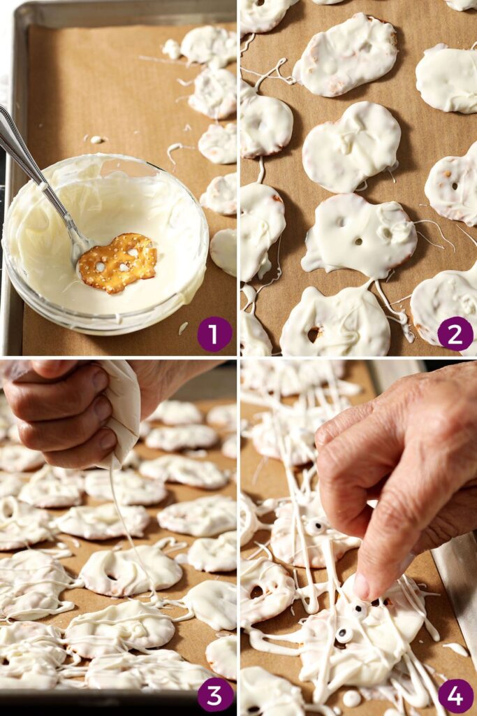 Collage showing how to make, dip and decorate Halloween Pretzel Mummies