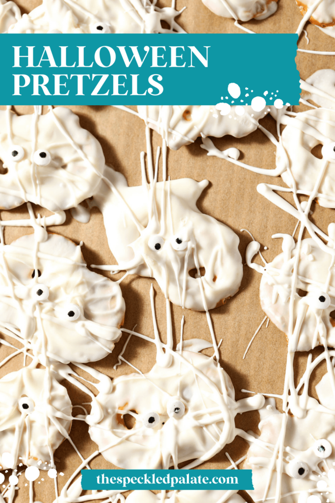 Pretzels decorated like mummies on parchment with the text halloween pretzels