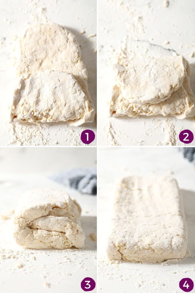 Collage showing how to fold biscuit batter to get extra fluffy biscuits