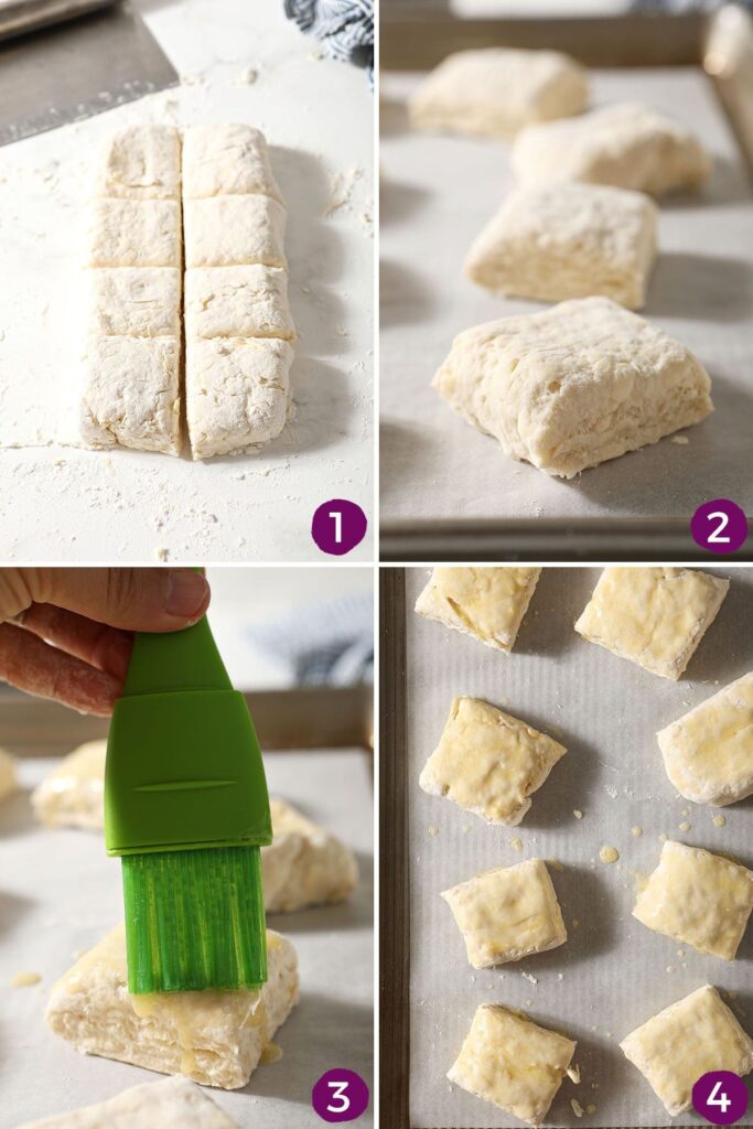 Collage showing how to shape and prepare biscuits before baking