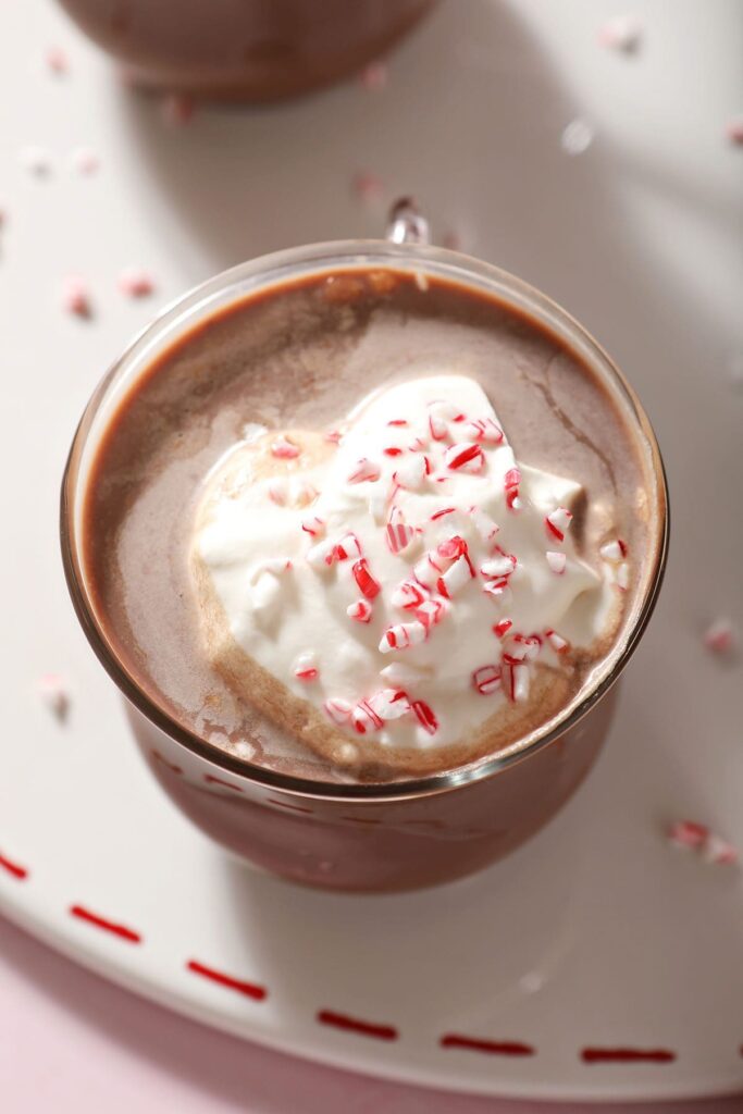 Close up of the whipped cream and crushed candy cane on top of a spiked hot chocolate drink