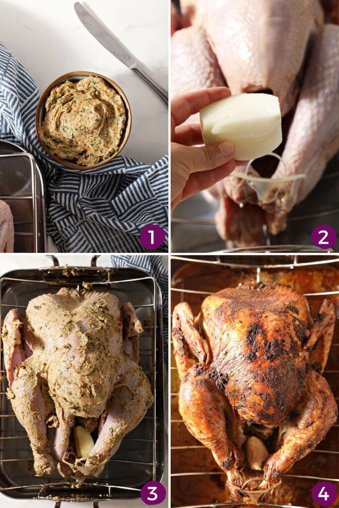 Collage showing how to make and butter a Cajun Turkey for Thanksgiving or Christmas