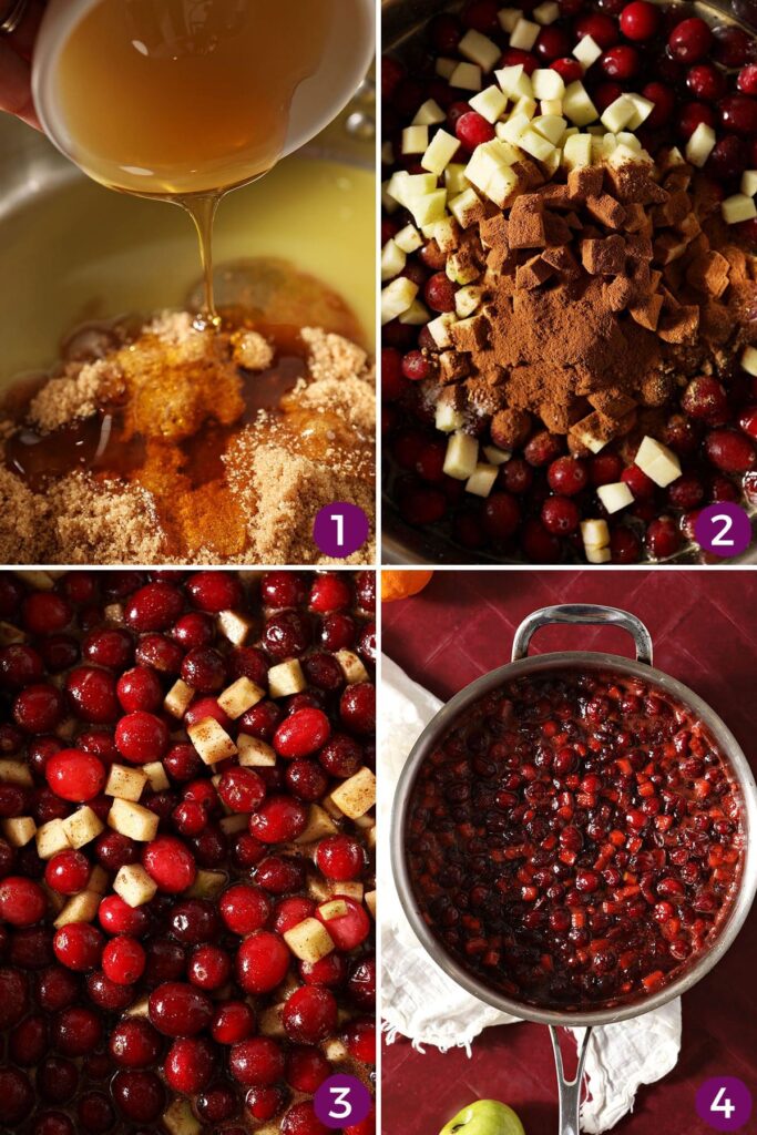 Collage showing how to make homemade cranberry chutney in a saucepan