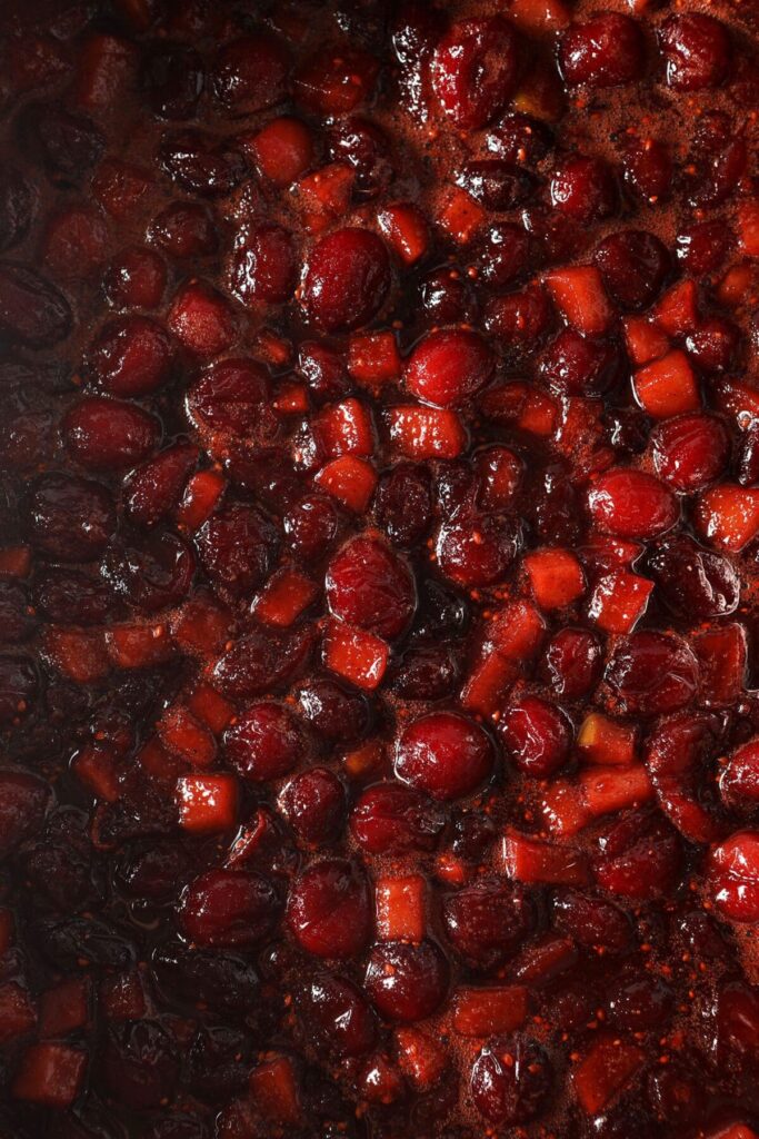 Close up of cranberry chutney after cooking in a saucepan