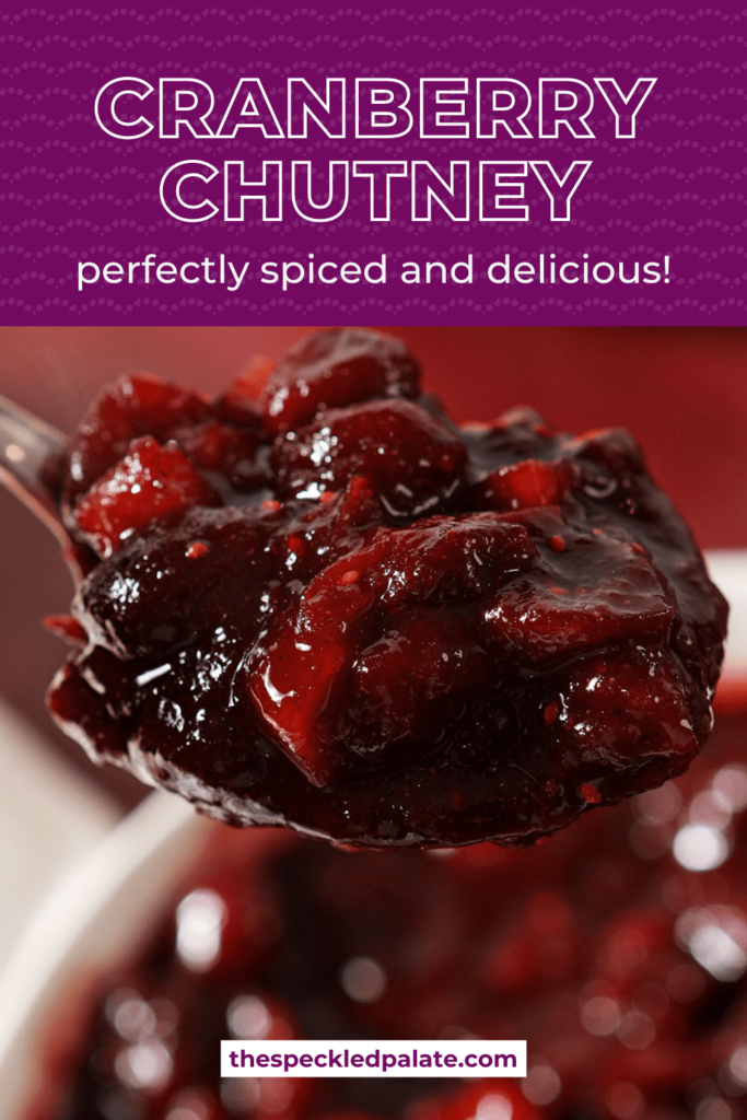 A spoon holds a scoop of cranberry apple chutney with the text Cranberry Chutney perfectly spiced and delicious!