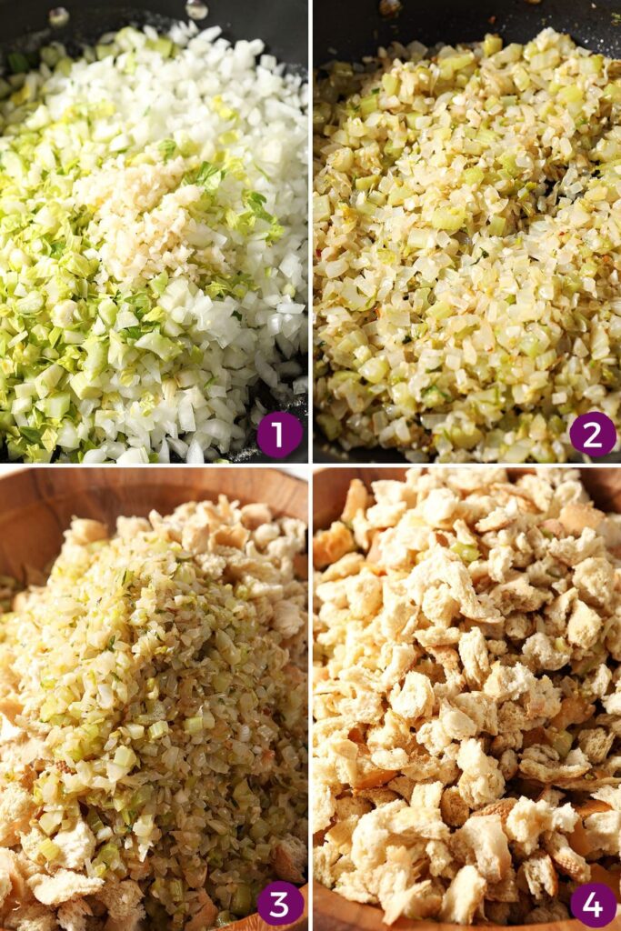 Collage showing how to combine ingredients to make sage stuffing for turkey