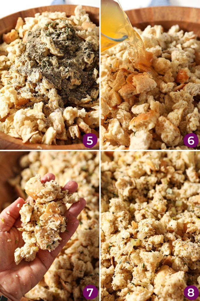 Collage showing how to finish and the final texture of the stuffing before it goes into a baking dish