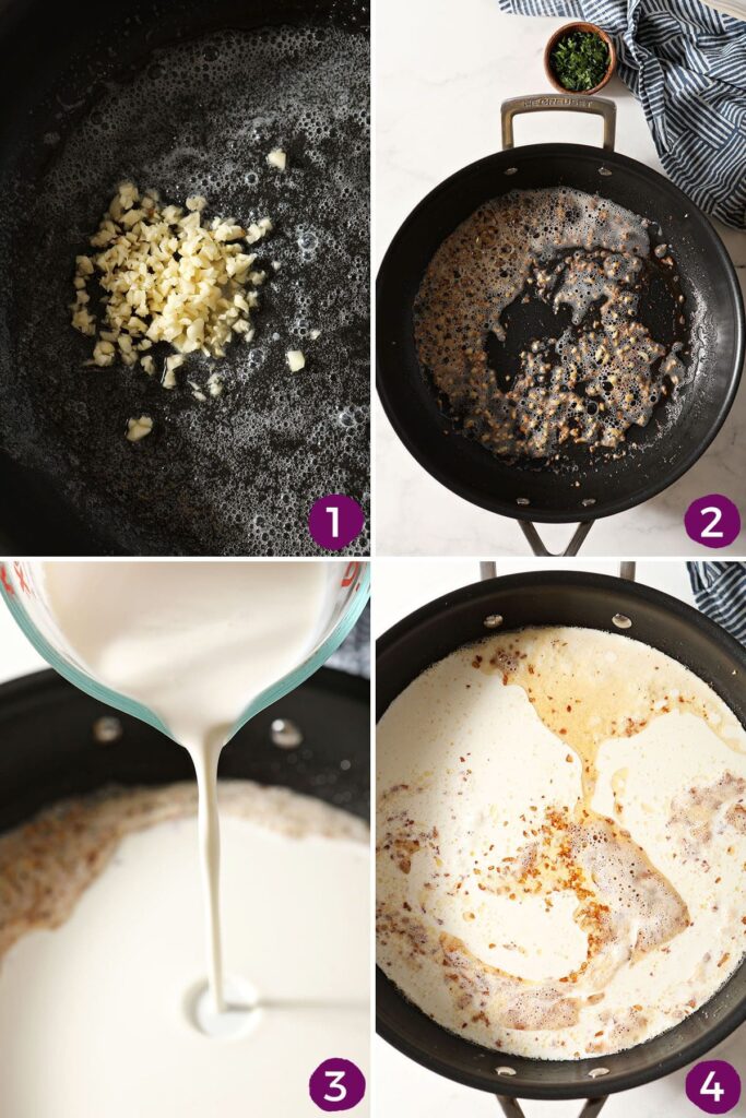 Collage showing how to make a garlicky Alfredo sauce