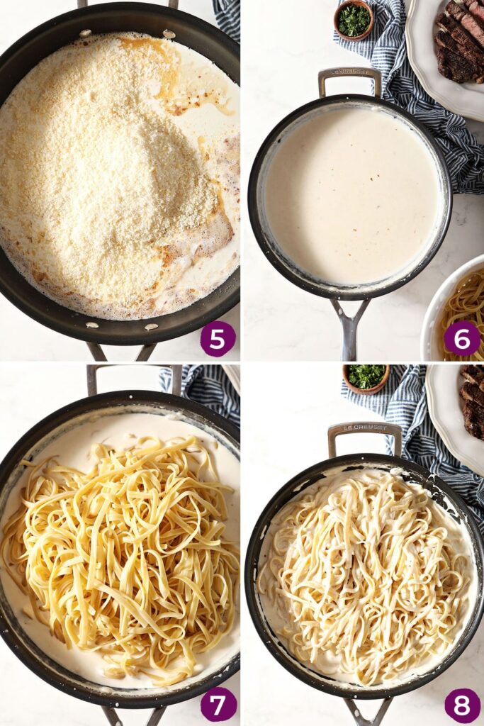 Collage showing how to toss an Alfredo sauce with pasta