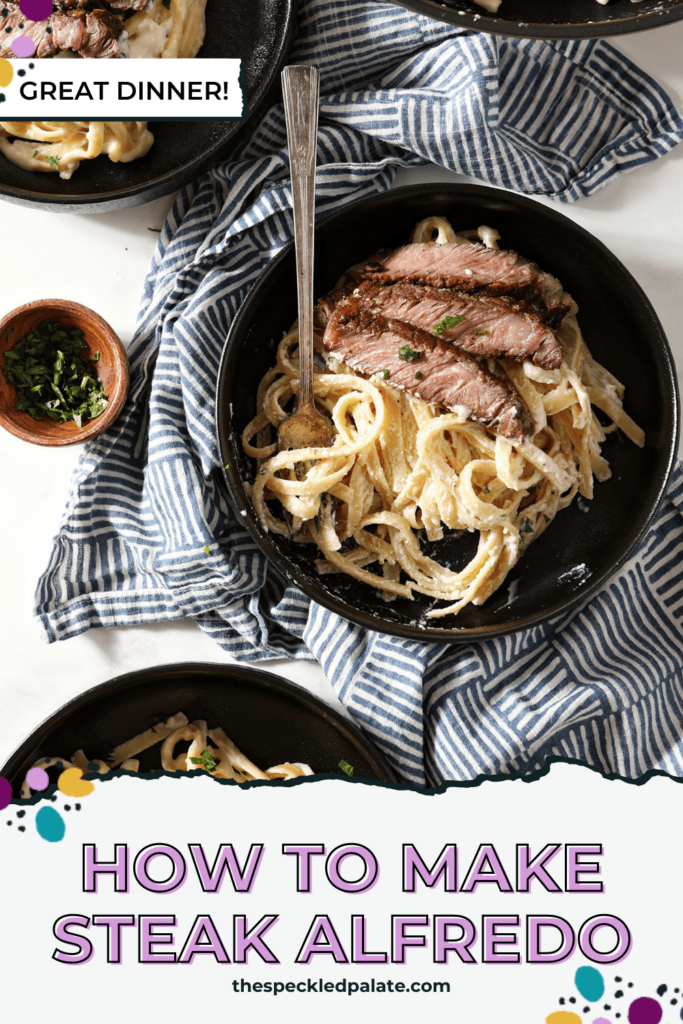 Three bowls of creamy pasta with steak with the text how to make steak Alfredo