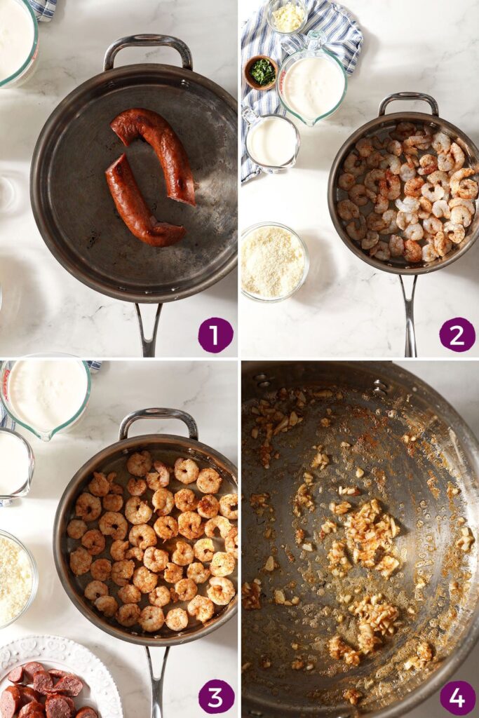 Collage showing how to cook sausage and shrimp in a skillet