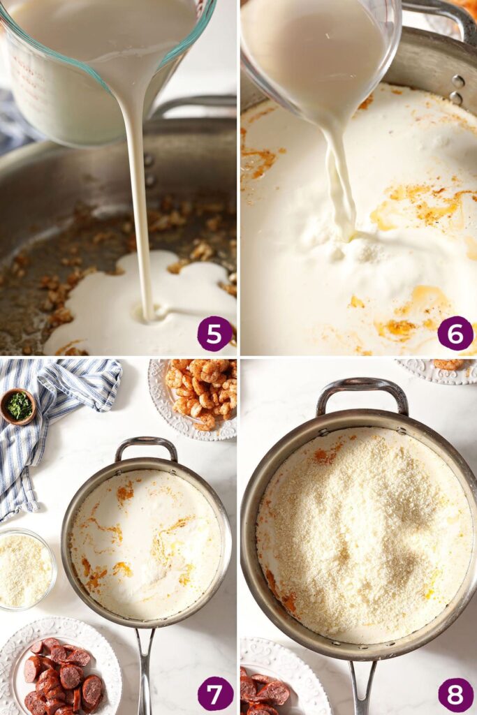 Collage showing how to make homemade Alfredo sauce in a skillet