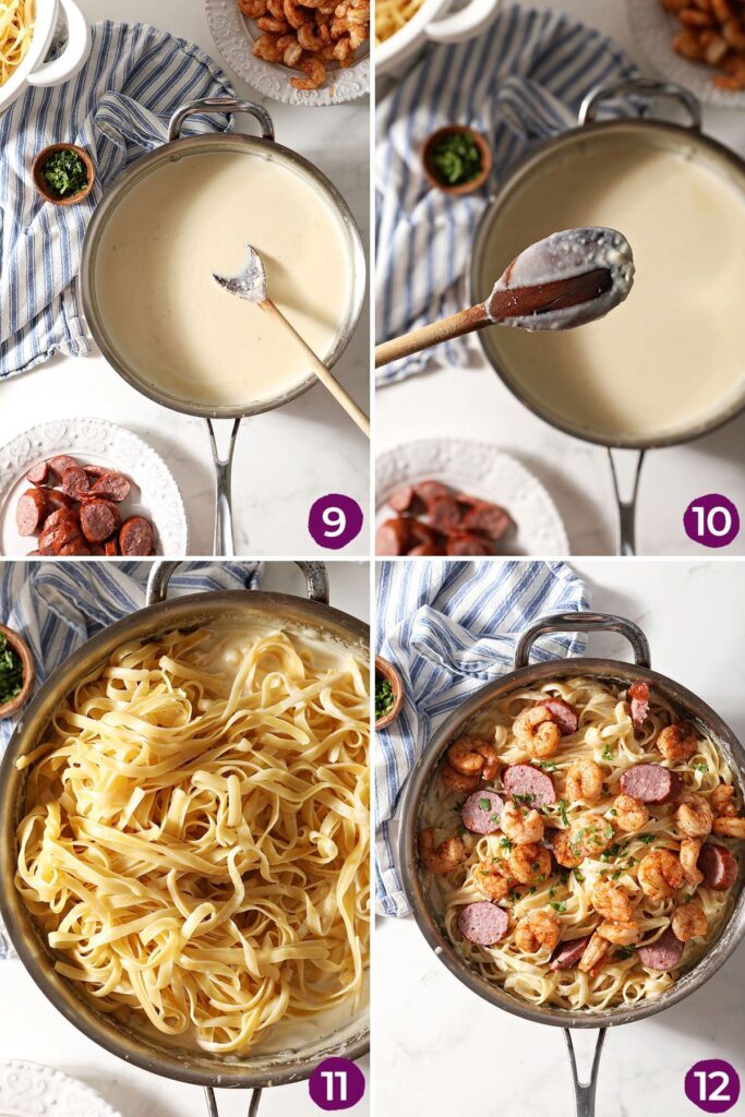 Collage showing how to put together the final Cajun Shrimp Alfredo in a skillet