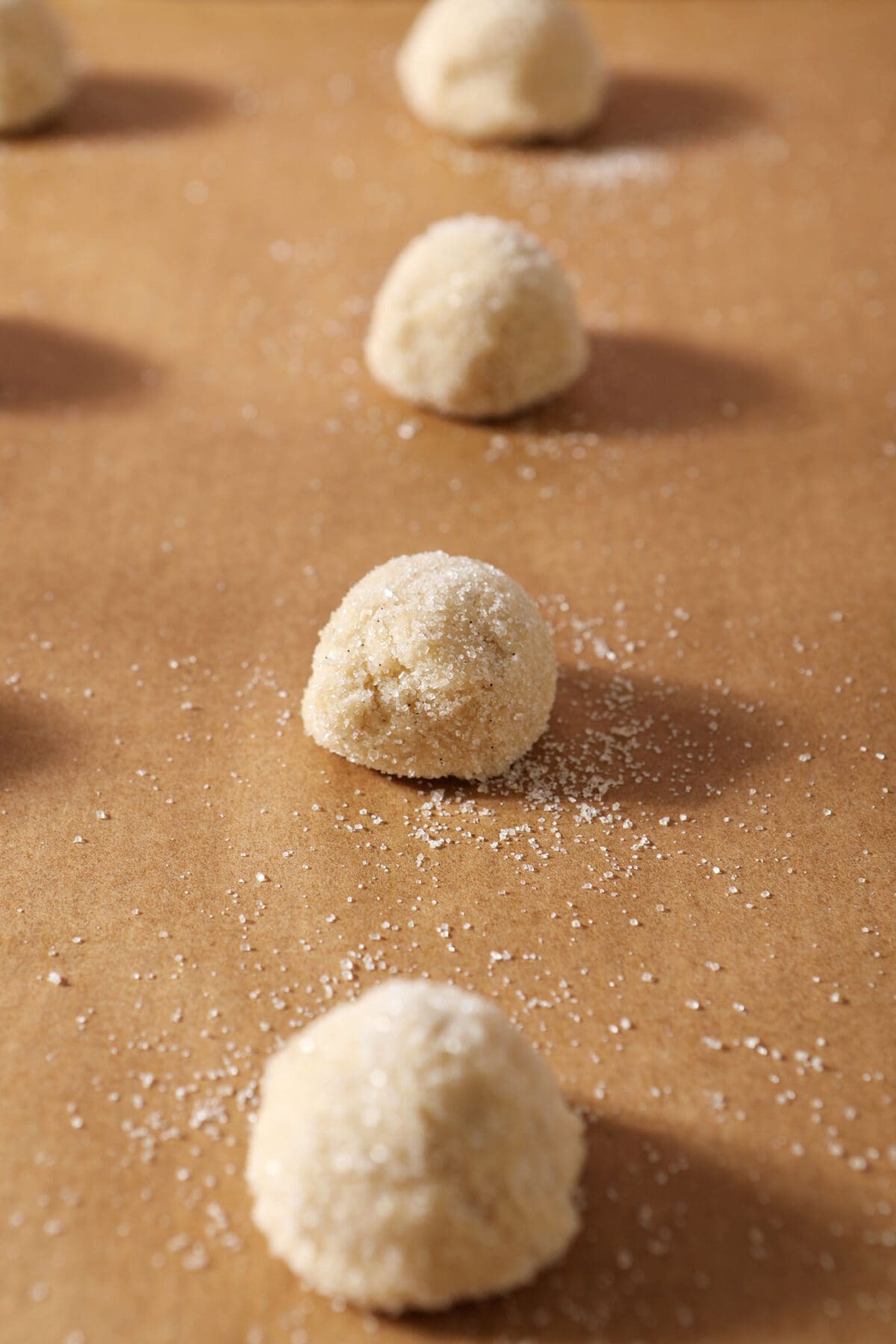 Dough balls rolled in sugar on parchment before baking