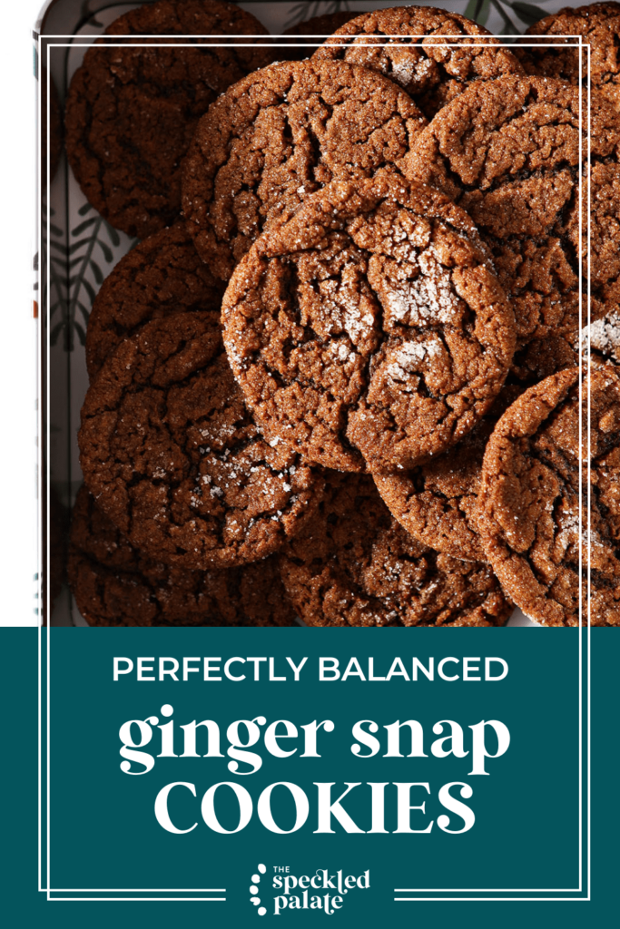 A cookie tin of gingersnaps with the text perfectly balanced ginger snap cookies