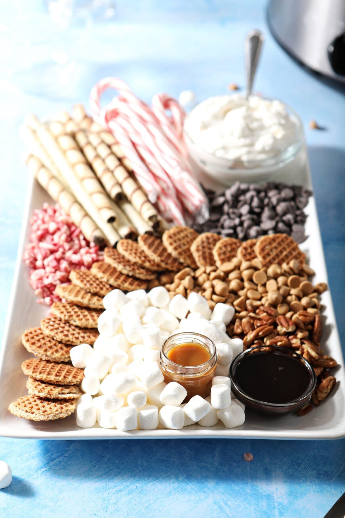 Close up of ingredients on a hot chocolate charcuterie board