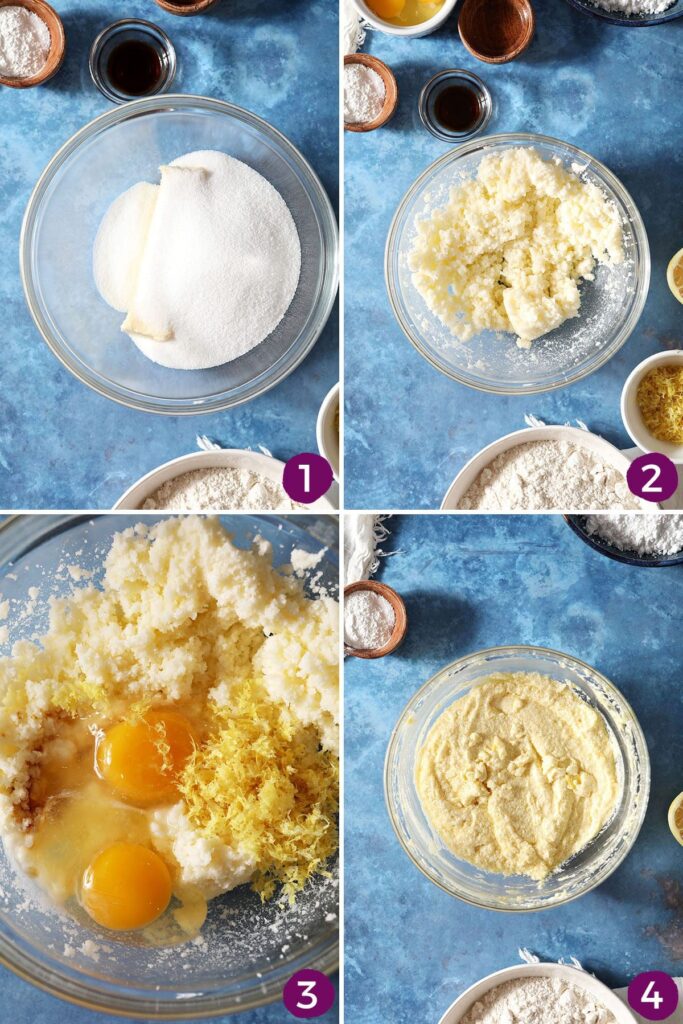 Collage showing how to mix wet ingredients for Lemon Crackle Cookies