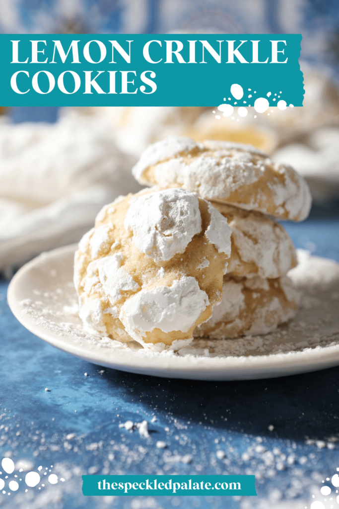 A plate stacked with yellow crinkle cookies with the text lemon crinkle cookies