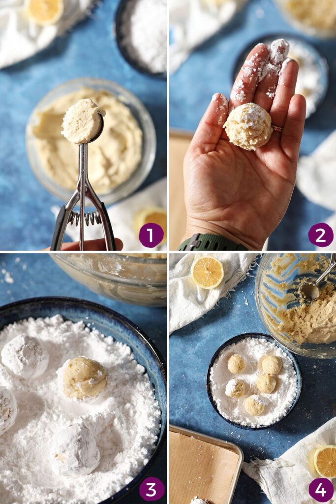 Collage showing how to form crinkle cookies with lemons