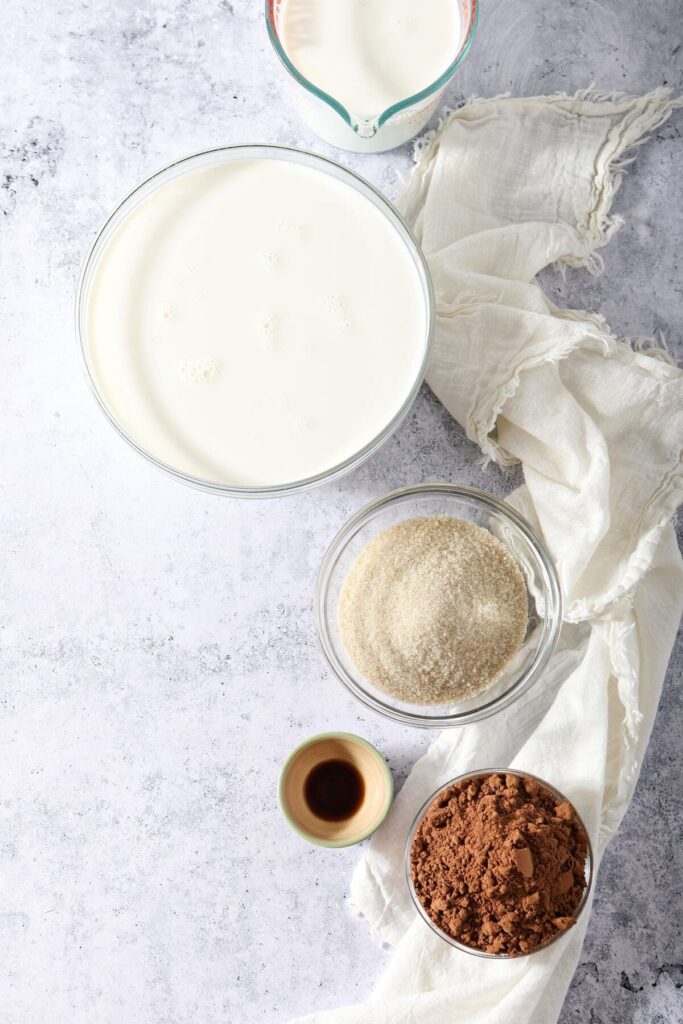 Ingredients to make homemade hot cocoa in bowls on a textured gray countertop