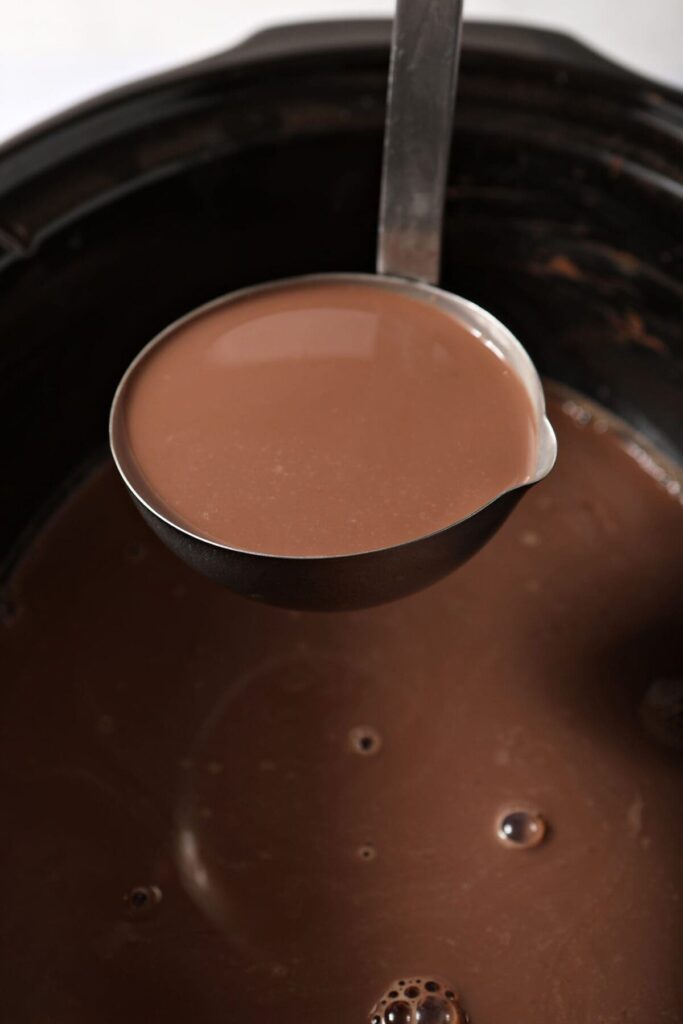 A ladle holds a serving of slow cooker hot cocoa above the slow cooker