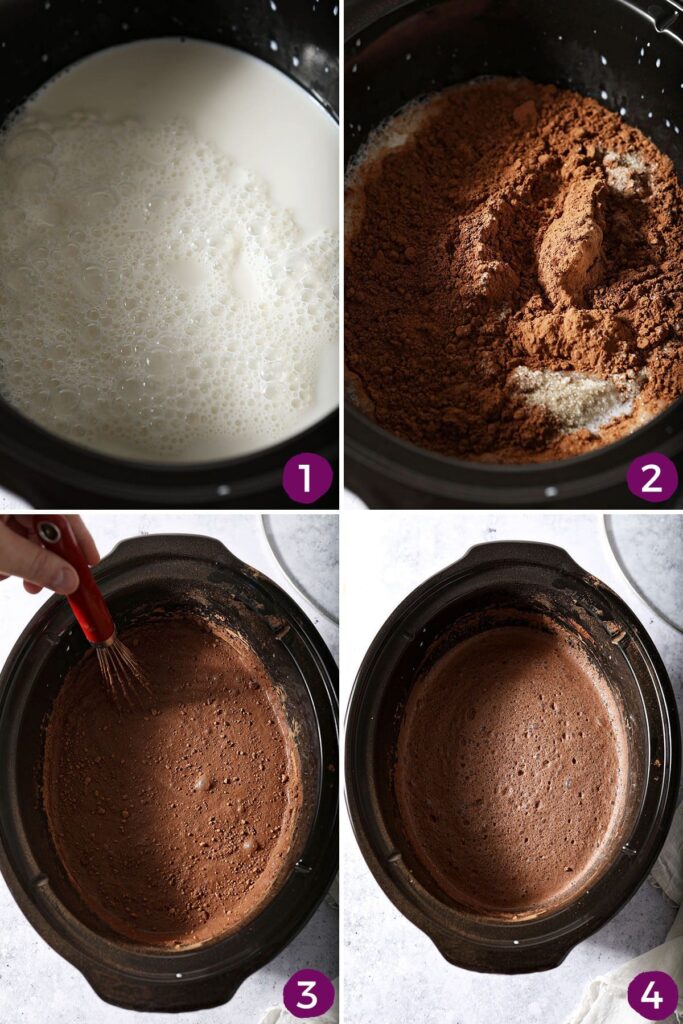 Collage showing how to make homemade hot cocoa in the slow cooker