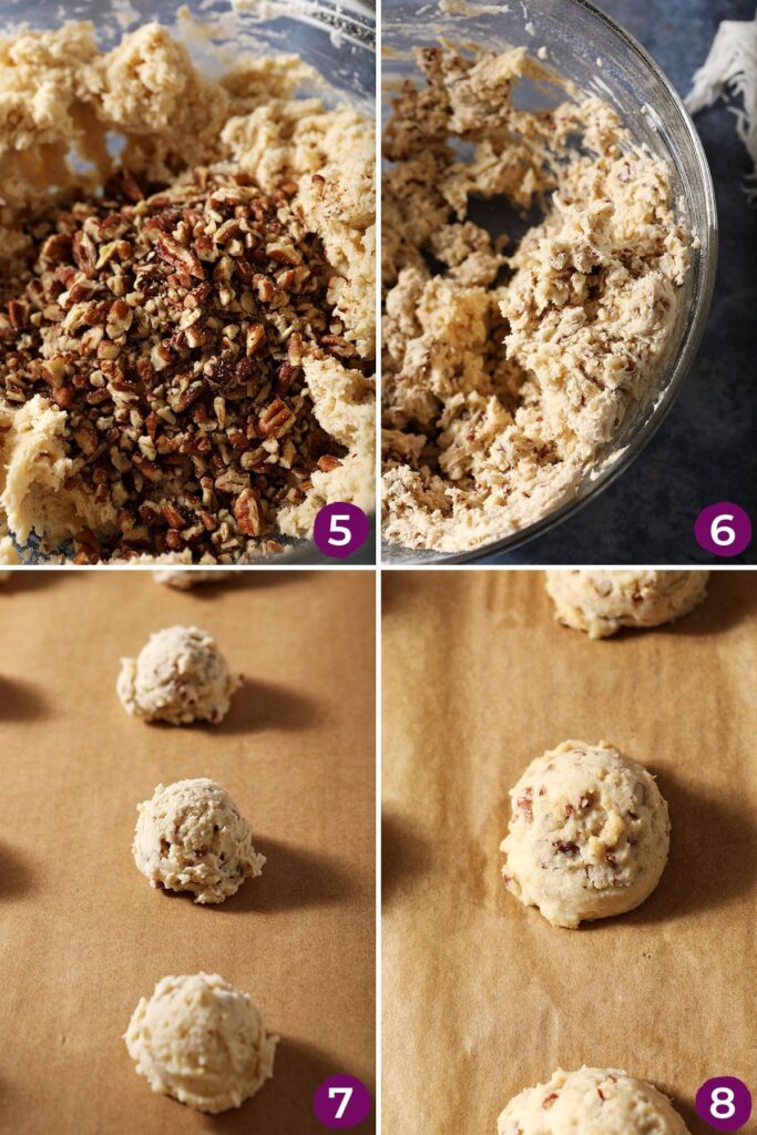 Collage showing how to make and bake snowball cookies