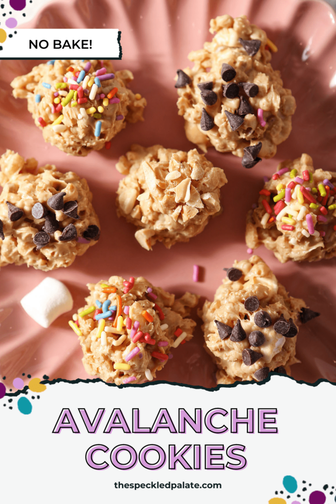 A pink plate holds several no bake cookies on it with the text avalanche cookies