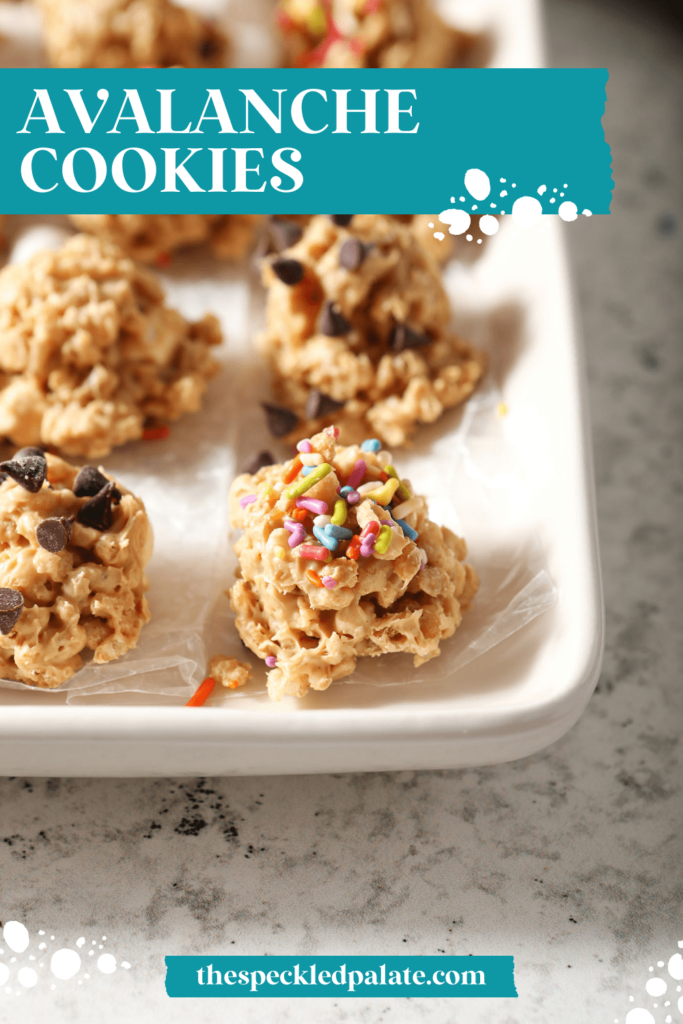 Close up of Rice Krispies cookies on a white platter with the text avalanche cookies