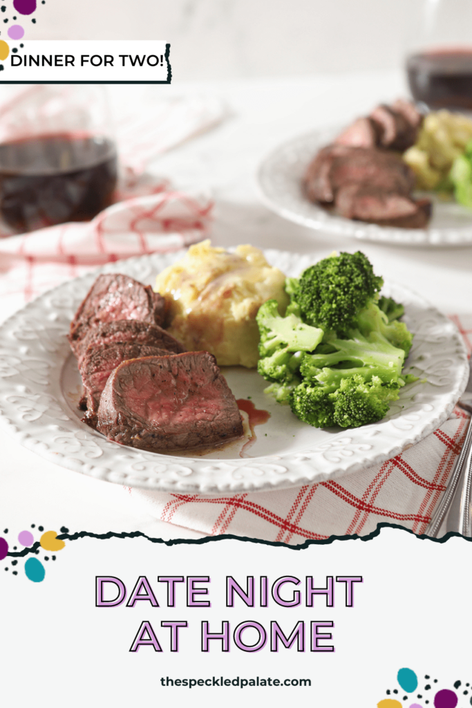 A plate with sliced steak, broccoli and mashed potatoes on a table with wine with the text date night at home