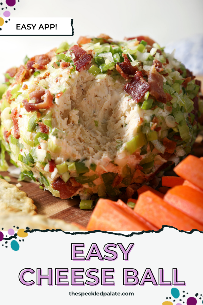 A close up of a cheeseball coated in bacon and green onions with the text Easy Cheese Ball