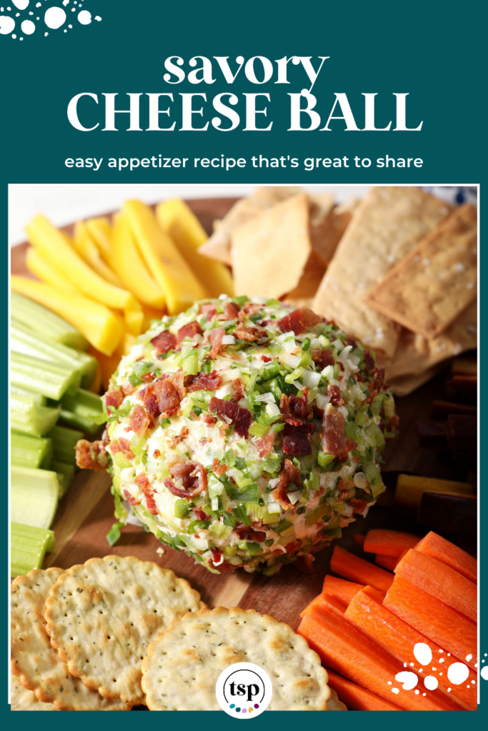 A cheeseball coated in green onions and bacon in the middle of a wooden board with crackers and raw vegetables with the text savory cheese ball easy appetizer recipe that's great to share