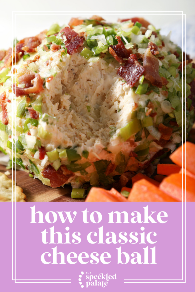 Close up of a cheese ball coated in bacon and green onions iwht the text how to make this classic cheese ball