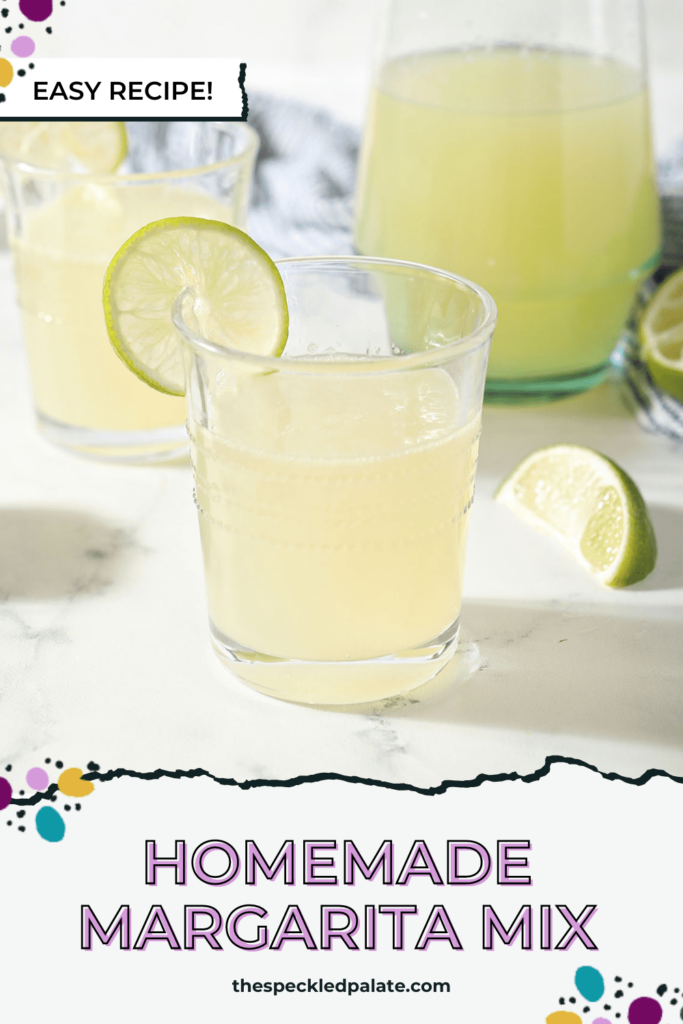 Two margaritas sit in front of a pitcher of homemade margarita mix with the text 'homemade margarita mix'