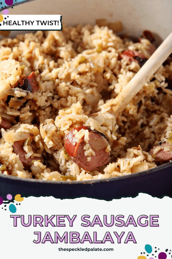 Close up of a Dutch oven full of jambalaya with a wooden spoon and the text Turkey Sausage Jambalaya