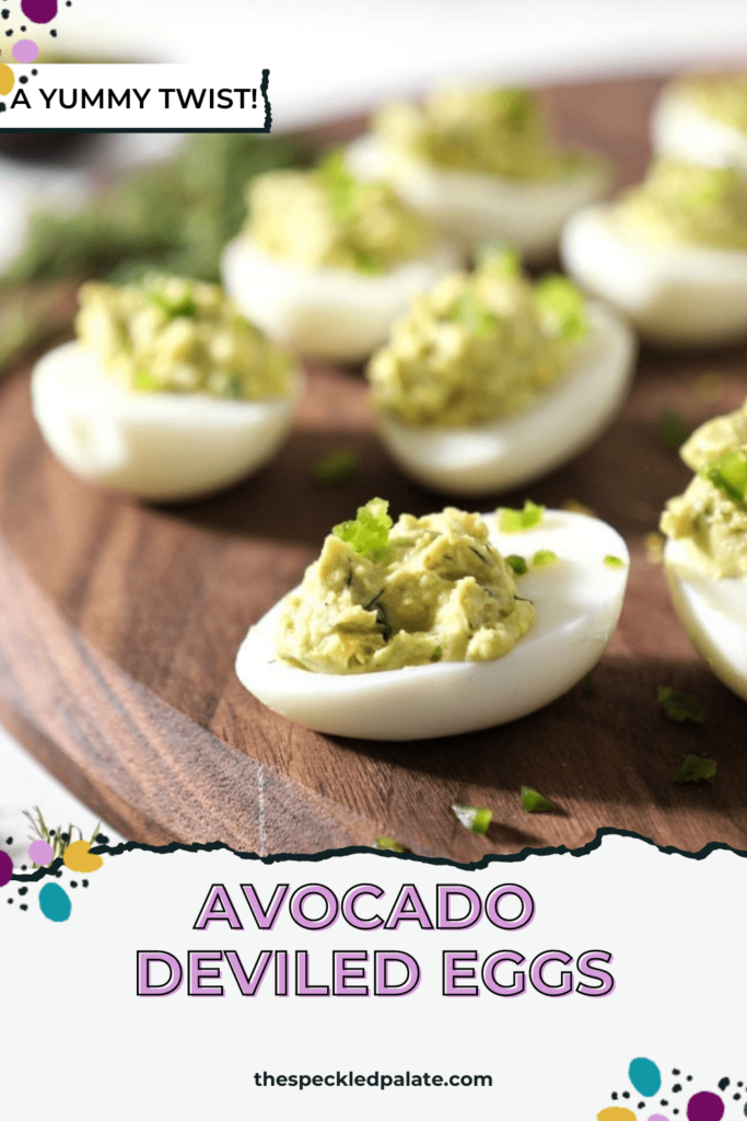 Avocado Deviled Eggs are served on a walnut board, from the side with the text Avocado Deviled Eggs