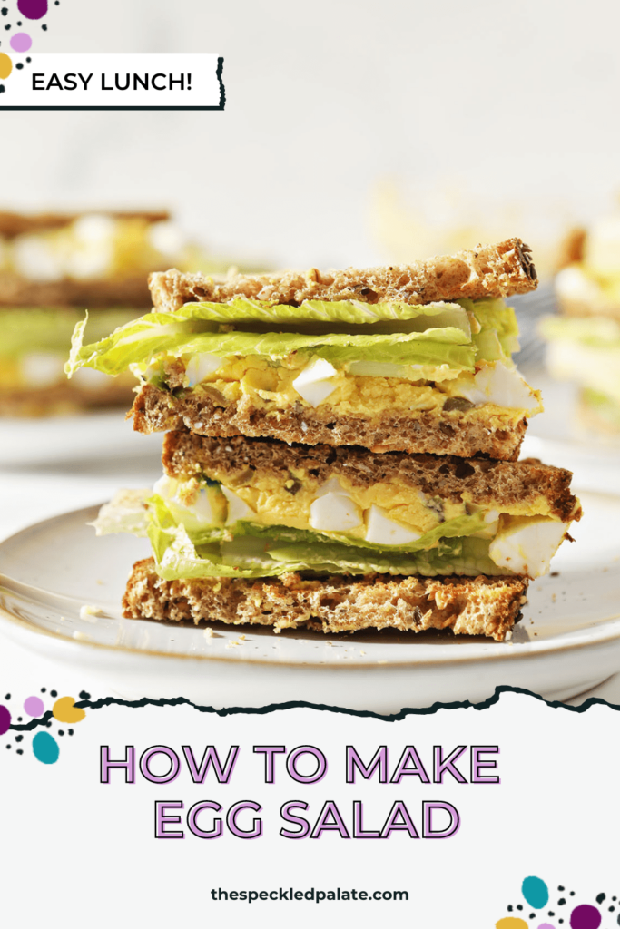 A halved egg salad sandwich with lettuce on a white plate with the text How to Make Egg Salad