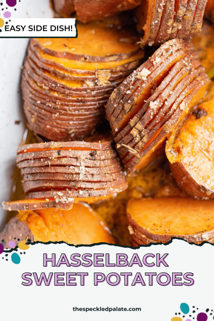 Rounds of roasted sweet potatoes in a baking dish with the text hasselback sweet potatoes