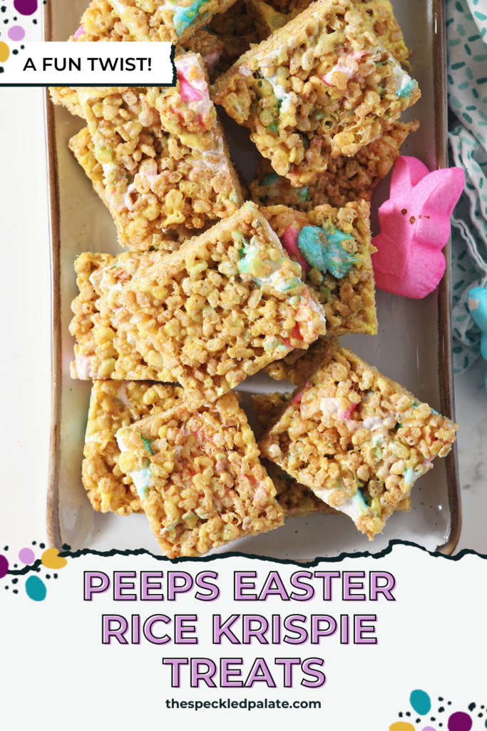 A platter of crispy rice cereal treats with brightly colored marshmallows with the text Peeps Rice Krispie Treats