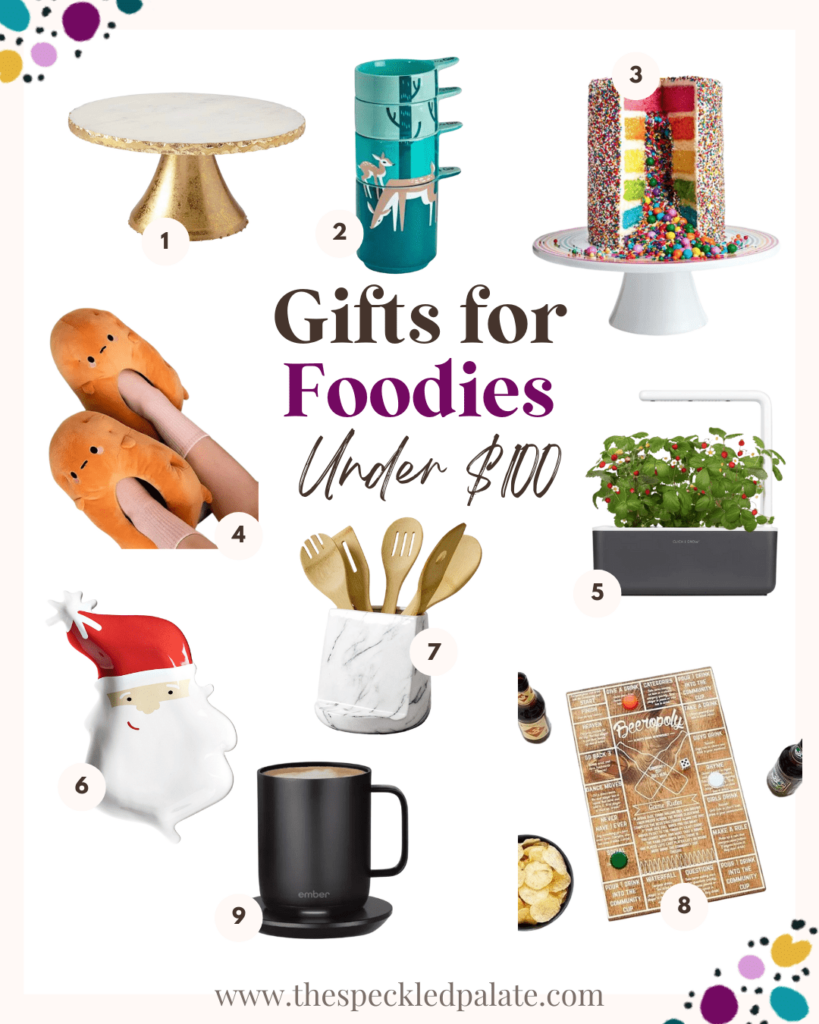 collage of 9 items that make great gifts for foodies under $100