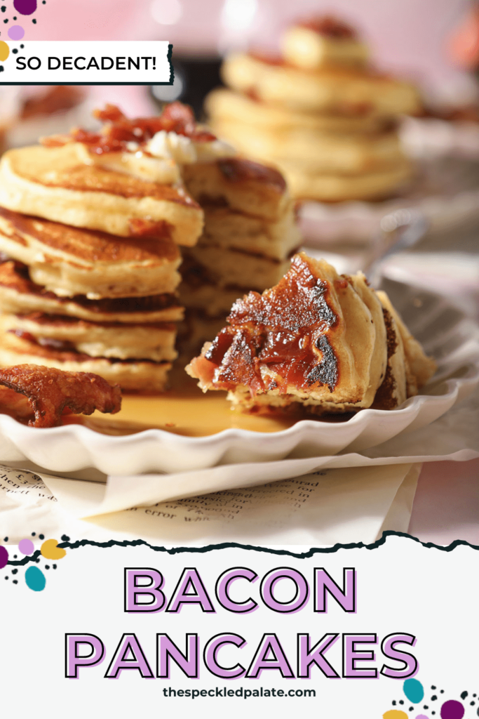 A fork holds a bite of bacon pancakes next to a stack of pancakes with the text Bacon Pancakes